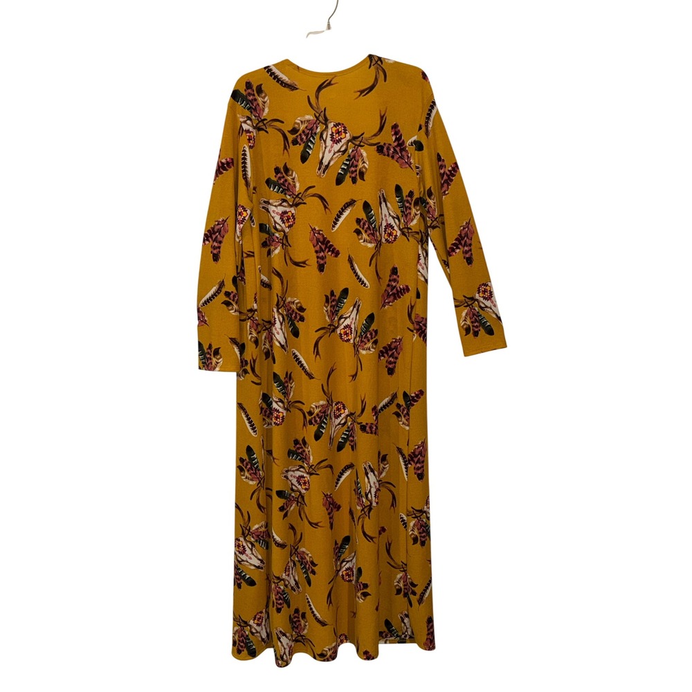 Now N Forever Mustard Yellow Southwestern Skull Feather Maxi kimono 1xl C6122-LF